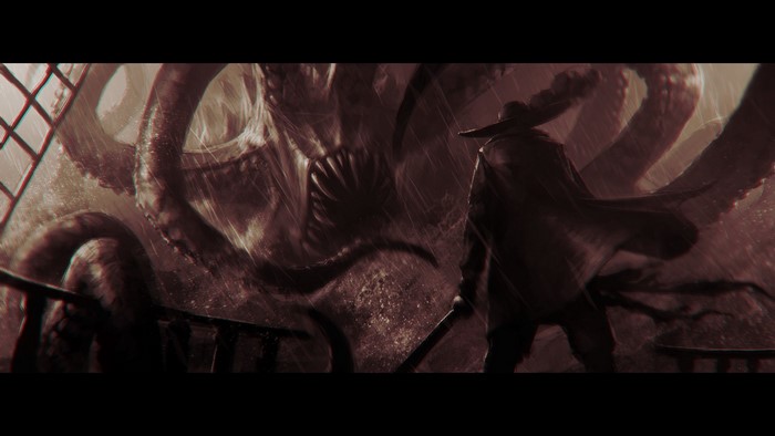 Man with sword battles Kraken on a ship