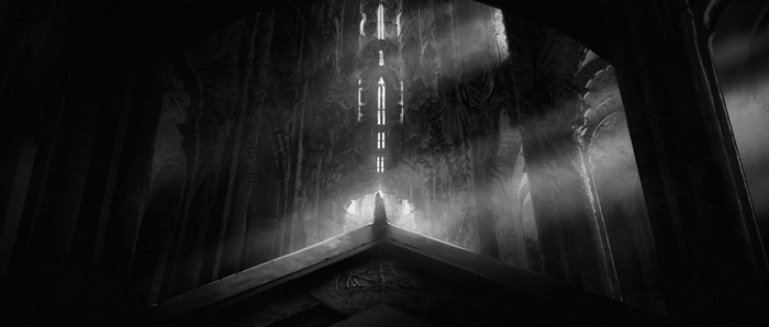 Monochrome fantasy art of a dark, ornate hall