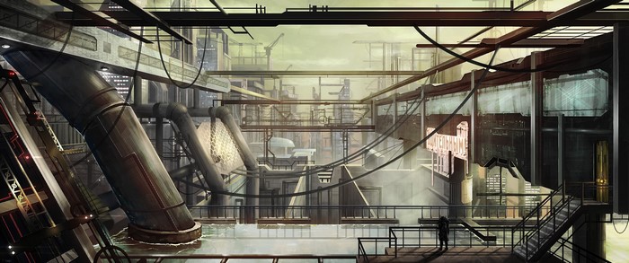 Futuristic industrial city with pipes and cranes