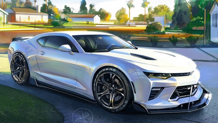 White Chevrolet Camaro artwork by Aleksandr Sidelnikov