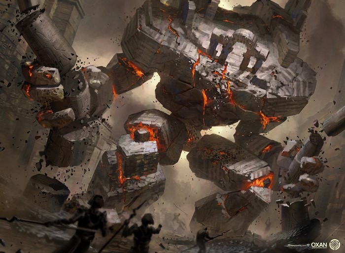 Fantasy art of a giant stone golem with glowing lava