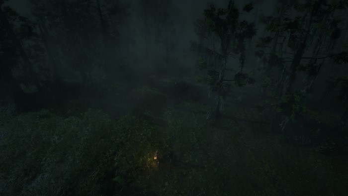A lone figure with a lantern in a foggy forest in Red Dead Redemption 2