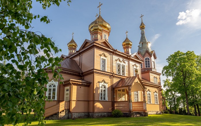 Wooden Orthodox Church with Golden Domes