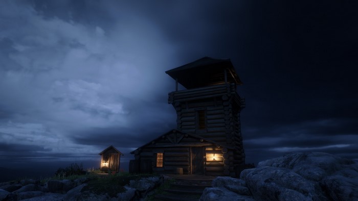 Log cabin watchtower at night in Red Dead Redemption 2