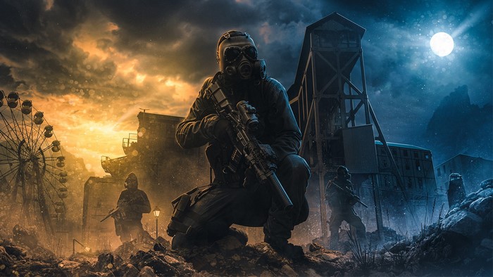Soldiers in a post-apocalyptic abandoned amusement park