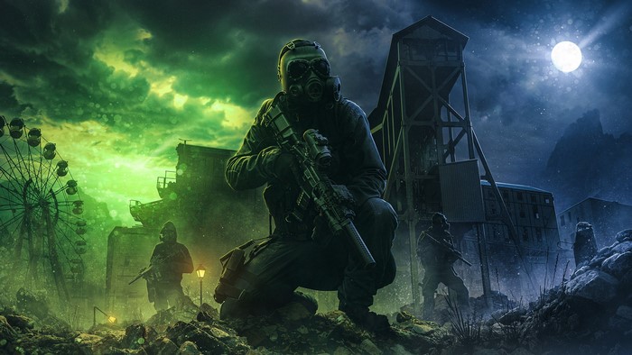 Soldiers in a post-apocalyptic abandoned amusement park at night