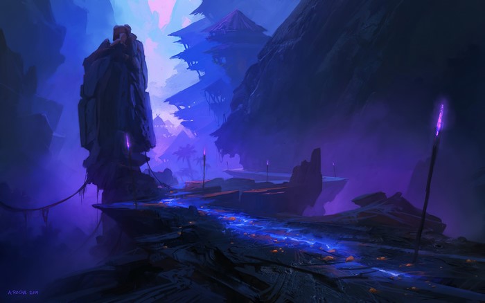 Fantasy Art of Tribal Forest Structure with Purple Haze
