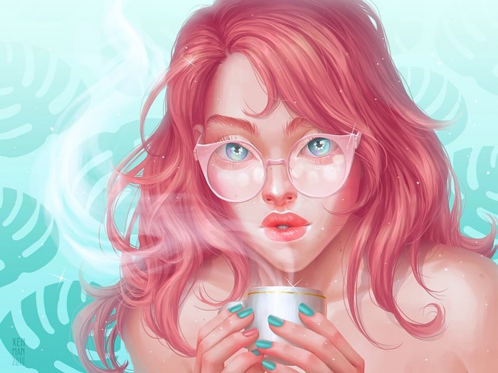 Woman with pink hair and glasses drinking from a cup