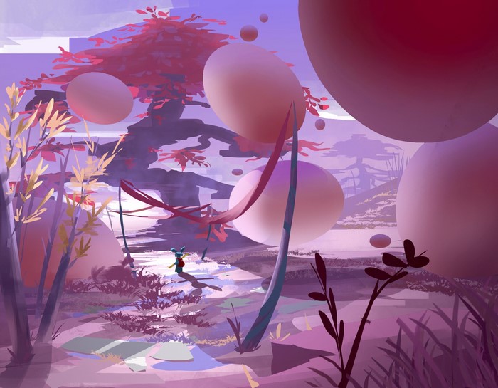 Alien landscape with floating orbs and a small creature