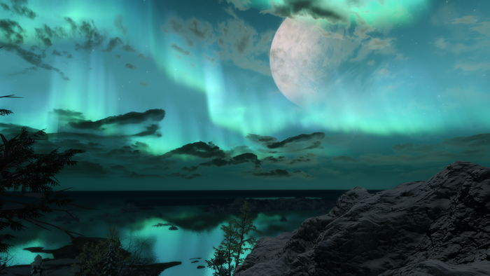 Skyrim Aurora Borealis over a lake with a large moon