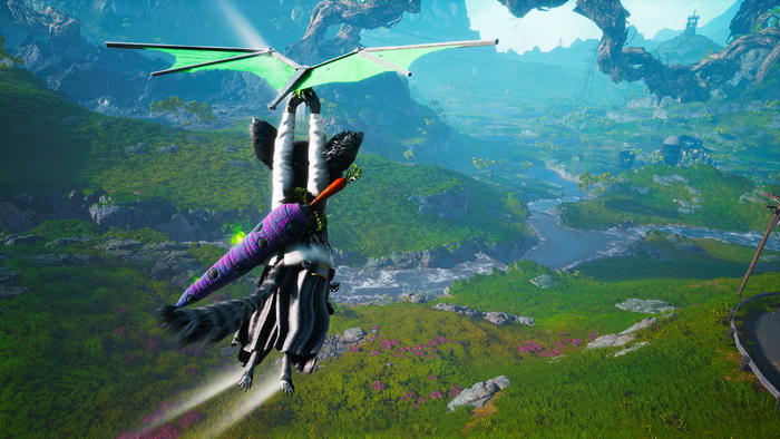 Biomutant character gliding with a carrot weapon