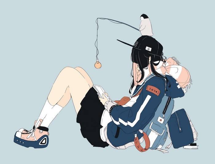 Anime girl with a bird on her head and a backpack