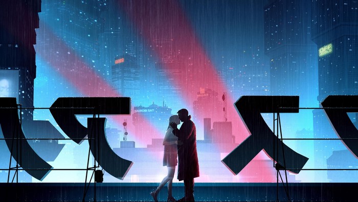 Officer K and Joi kissing in the rain in Blade Runner 2049