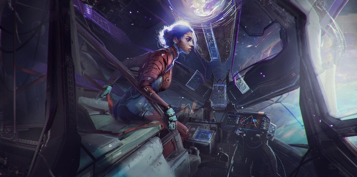 Woman in spaceship cockpit looking out at space