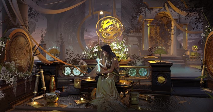 Fantasy girl with astrolabe in ornate room