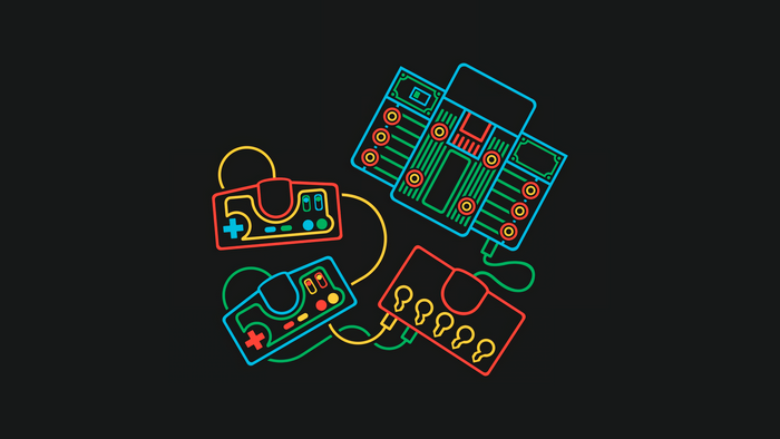 Retro game controllers and circuit board illustration