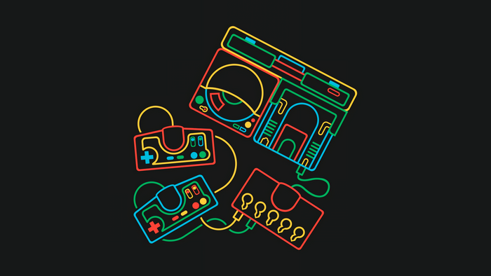 Retro gaming consoles and controllers, minimalist neon art