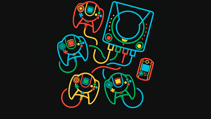 Retro video game console with controllers and handheld
