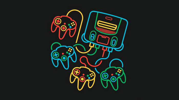 Retro Nintendo 64 console with colorful controllers