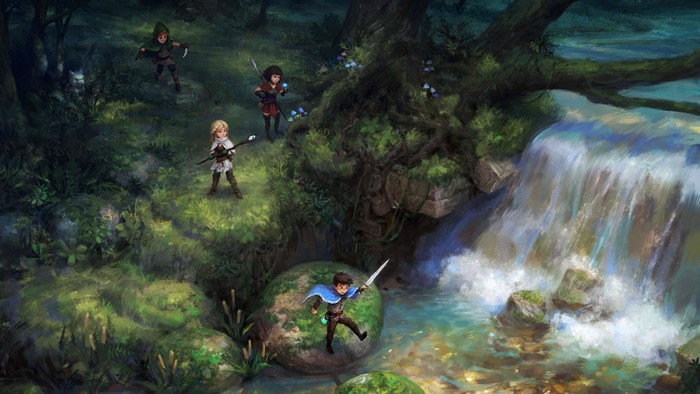 Fantasy adventurers near a waterfall in a forest