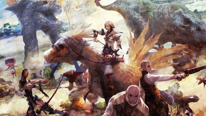 Final Fantasy XII characters with Chocobo and dinosaurs