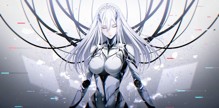 Futuristic silver-haired woman with braids and bodysuit