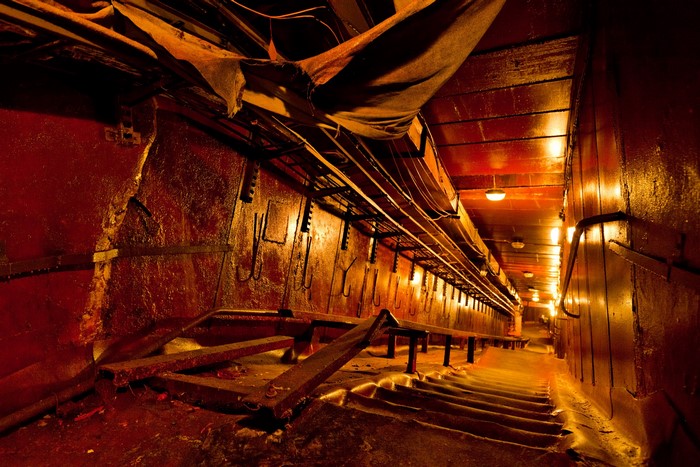 Abandoned Chernobyl staircase with debris