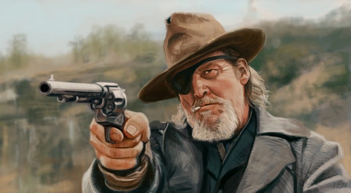 Artwork of Rooster Cogburn from True Grit holding a revolver