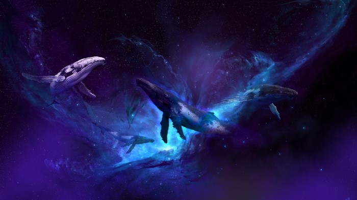 Whales swimming through a colorful nebula in space