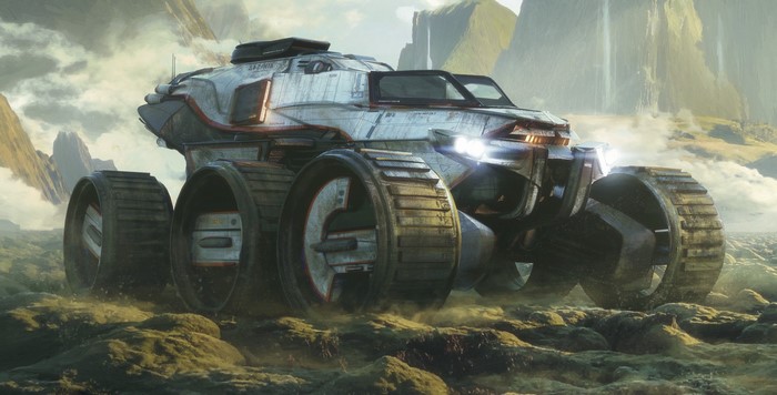 Futuristic rover with large tires on rocky terrain