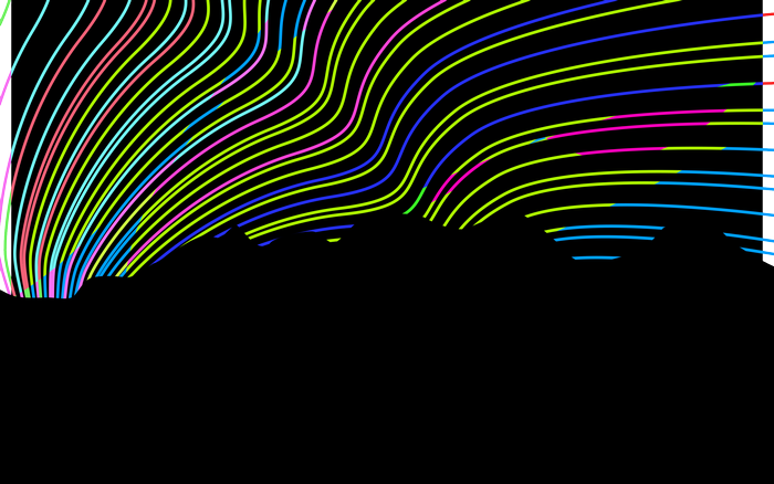 Abstract colorful wavy lines over black landscape