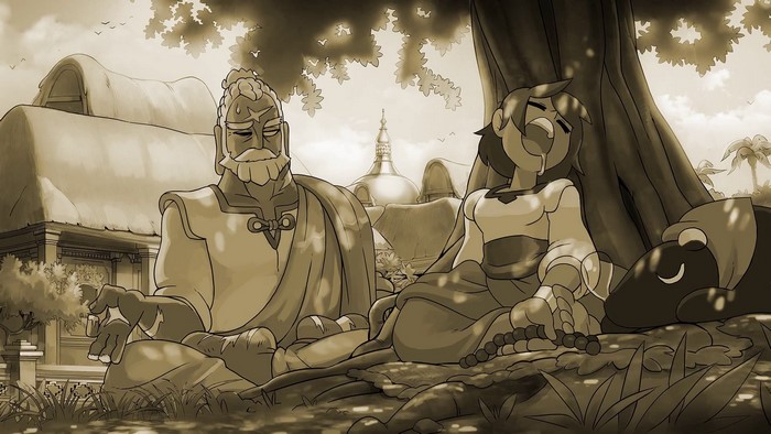 Ajna and monk meditating under a tree in Indivisible