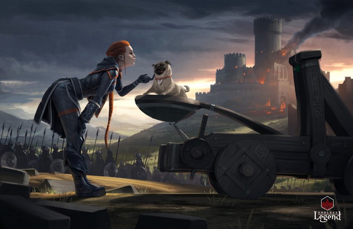 Woman with pug on catapult before burning castle in Endless Legend