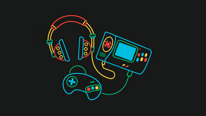 Retro gaming console, headphones, and controller