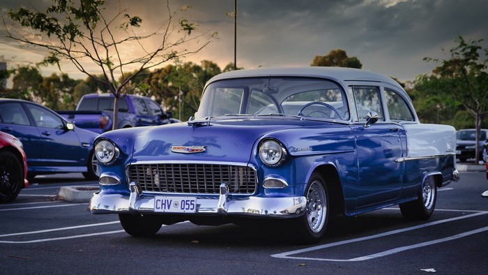 4K Vintage blue and grey 1955 Chevrolet Bel Air car