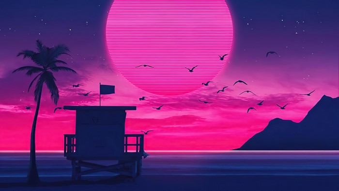 Retro beach scene with palm tree and lifeguard tower