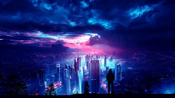 Digital artwork of a person overlooking a futuristic cityscape at night