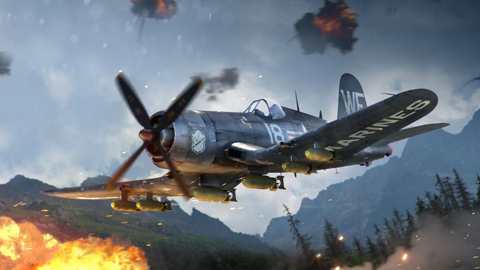 F4U Corsair aircraft in flight during combat