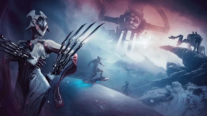 Warframe art with Excalibur and a giant robot