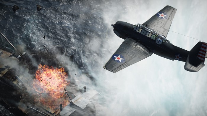 World War II bomber attacks a ship with an explosion