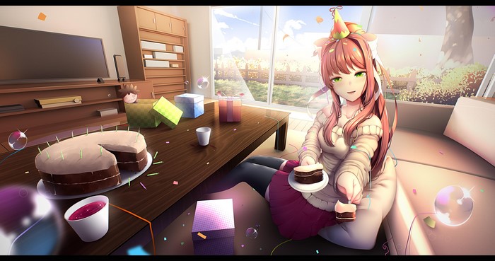 Monika from Doki Doki Literature Club celebrating her birthday