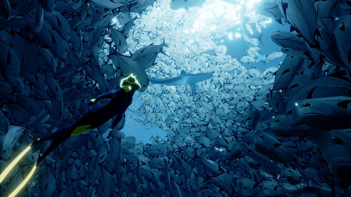 Diver swimming with a school of fish and a shark