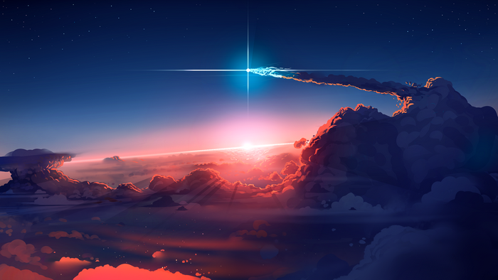 Digital art of clouds and stars at sunset