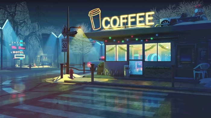 Night scene with coffee shop and motel