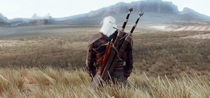 Geralt of Rivia from The Witcher with swords in a field