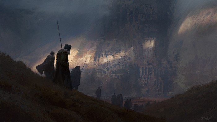 Fantasy warriors approaching a colossal ruined structure
