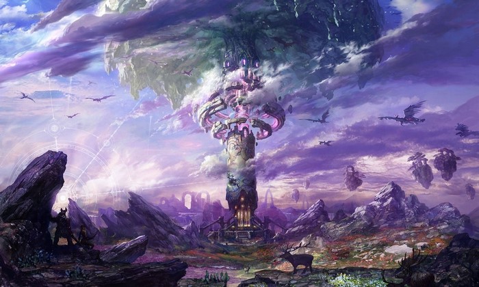 Fantasy landscape with floating islands and dragons