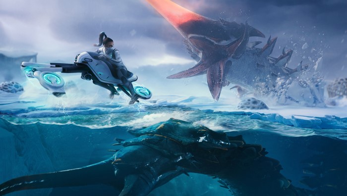 Girl on hoverbike evades large sea creature in Subnautica: Below Zero