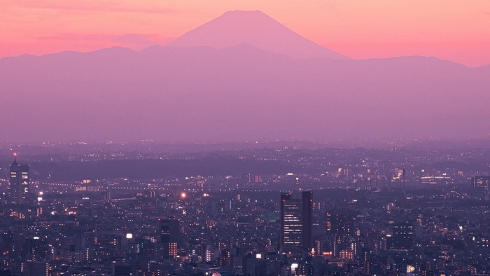 Mount Fuji over Tokyo at sunset