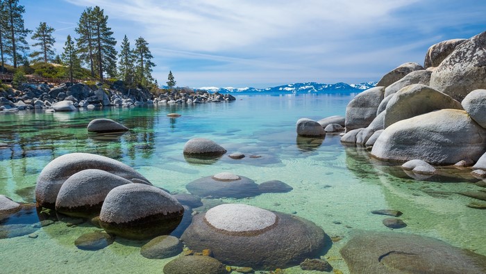 Lake Tahoe with clear water and rocky shore